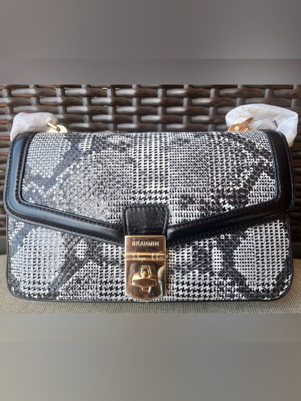 NWT Brahmin ROSA in BLACK SPARK Snake-Embossed Bag